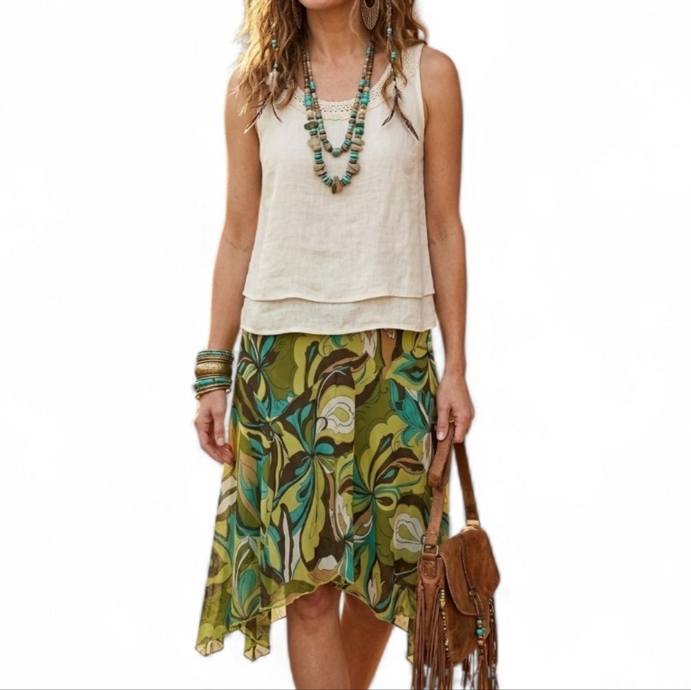 Speechless Vintage 90s Floral Handkerchief Hem Midi Skirt Green Brown M NWT